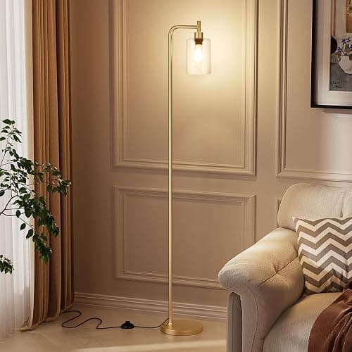 Ziisee Floor Lamps for Living Room - Industrial Standing Lamp with Glass Shade, Modern Gold Floor Lamp with LED Bulbs, Farmhouse Floor Lamp for Bedroom, Tall Lamp for Office - Gold thumbnail 6