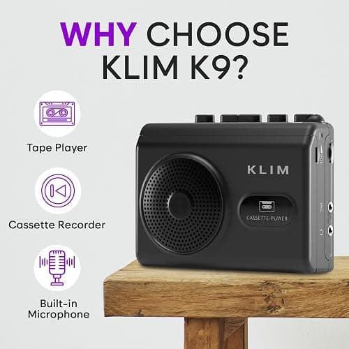 KLIM K9 Cassette Tape Player – Portable Cassette Player & Tape Recorder with Built-in Speaker & Microphone, Headphone Jack, AA Batteries (Included)/AC Powered, Includes Earphones thumbnail 2