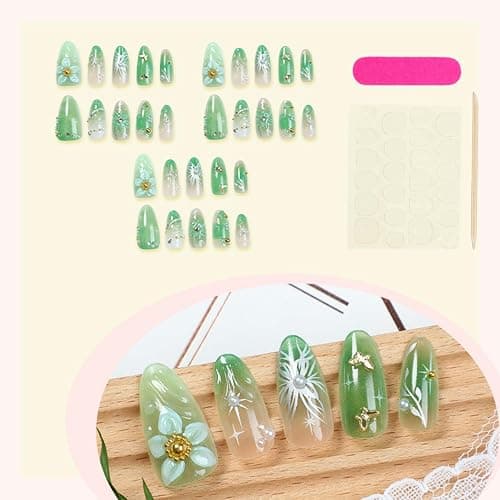 30pcs Green Press on Nails Medium Almond Fake Nails With 3D Flower Pearl Rhinestone Design Gold Beads Butterfly False Nails Star Glue on Nails 3D Summer Floral Full Cover Stick on Nails for Women thumbnail 3