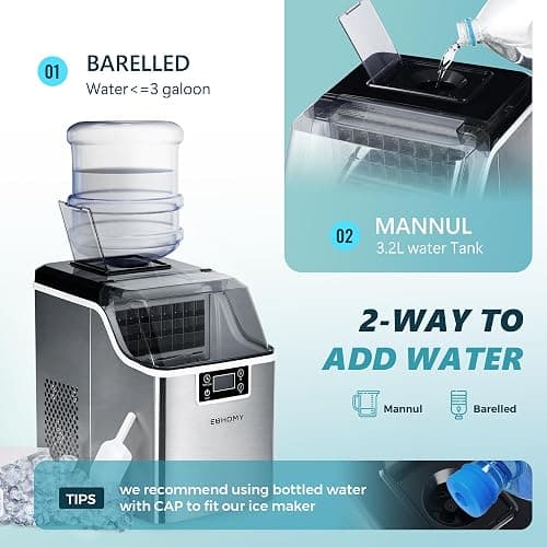 EUHOMY Ice Cube Maker Machine Countertop, 2 Ways to Add Water, 45Lbs/Day 24 Pcs Ready in 13 Mins, Self-Cleaning Portable Compact, with Ice Scoop & Basket, Perfect for Home/Kitchen/Office/Bar thumbnail 3