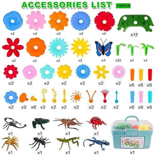 Birthday Toys Gifts for 2 3 4 5 6 Years Old Toddler Girls Boys, 156 PCS Insect Flower Garden Building Educational STEM Learning Pretend Play Gardening Set, Birthday Gifts for Preschool Kids Age 2+ thumbnail 6