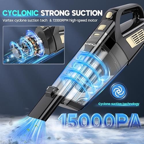 CKIKH Handheld Vacuum Cordless, 15000PA Strong Suction Hand Held Car Vacuum Cleaner Portable with Multi-Nozzles & Washable Filter, Lightweight Rechargeable Vacuum Cleaner for Home, Car, Office, Pets thumbnail 2