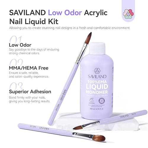 SAVILAND Monomer Acrylic Nail Liquid: 6.76 Oz Professional EMA Acrylic Liquid Monomer with Size 8,10,14 Brushes for Beginners DIY Nail Art Extension & 3D Sculpting Non-Yellowing MMA-Free thumbnail 2