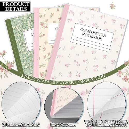 MotiMind 3 Pcs Pastel Wildflower Composition Notebook College Ruled Back to School Pink Flower Wide Ruled Composition Book 110 Page 7-1/2" x 9-3/4" Aesthetic Cute Journal Gift for Teacher Class Office thumbnail 4