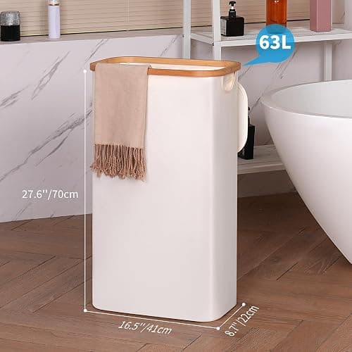 efluky Panier à Linge étroit 63L, Panier à Linge Mince avec Couvercle, Beige Bac à Linge Pliable avec Poignées en Bambou et sac Amovible pour Chambre, Salle de Bain, Buanderie - Beige - 63L thumbnail 3