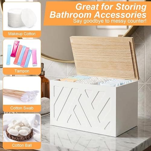 Oqqlin Tampon Holder for Bathroom Storage, Feminine Products Organizer with Lid Wooden Shark Week Tampon Storage for Bathroom, Bedroom, Toilet (White) thumbnail 6