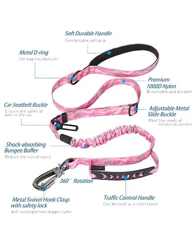 Hotsky Tactical Dog Leash Heavy Duty for Medium Large Dogs That Pull,4-6Ft Strong Bungee Shock Absorbing No Pull Dog Leash with Padded Double Handle and Car Seatbelt,Pink Camo thumbnail 2