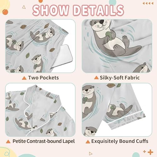 OWFKAY Kids Satin Pyjamas Set, Gray Otters Cute Girls Short Sleeve Button-Down Pajamas Pjs thumbnail 5
