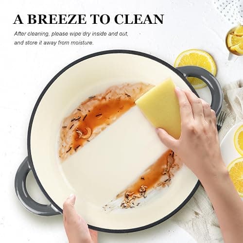 Overmont Enameled Cast Iron Dutch Oven - 7QT Pot with Lid Cookbook & Cotton Potholders - Heavy-Duty Cookware for Braising, Stews, Roasting, Bread Baking grey thumbnail 4