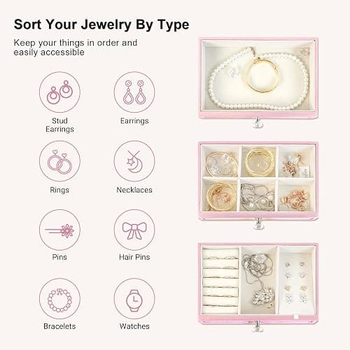 Gifturbo Pink Jewelry Box for Women Girl Wife 3 Layers Large Mirror Glass Jewelry Organizer Storage Case with Three Drawers Display for Earrings Bracelets Rings Watches thumbnail 5