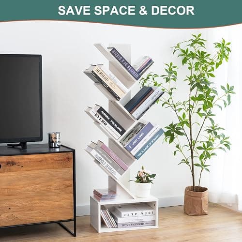 Yoobure Tree Bookshelf, 6 Tier Small Book Shelf Retro Floor Standing Bookcase, Wood Book Storage Organizer Rack, Tall Narrow Bookshelves for Corner/Bedroom/Living Room/Home Office, White thumbnail 4