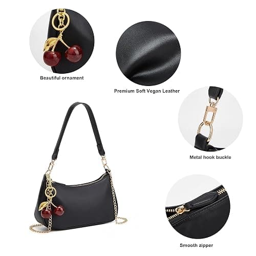 MOPOVO Black Shoulder Bag for Women Cute Hobo Cherry Purse Retro Clutch Underarm Handbag with Removable Straps thumbnail 4