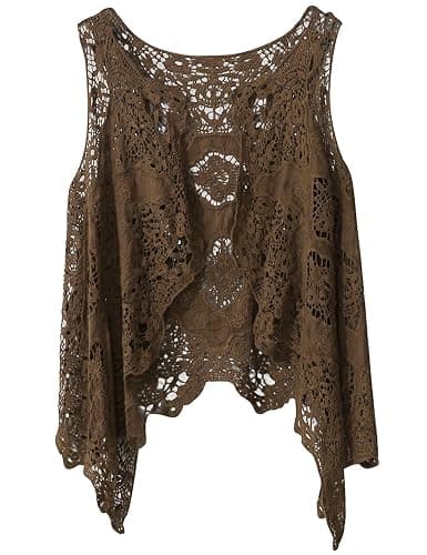Flygo Women's Open Front Cotton Crochet Lace Boho Hippie Butterfly Vest Cardigan Coverup Sleeveless Irregular Hem - Image 1