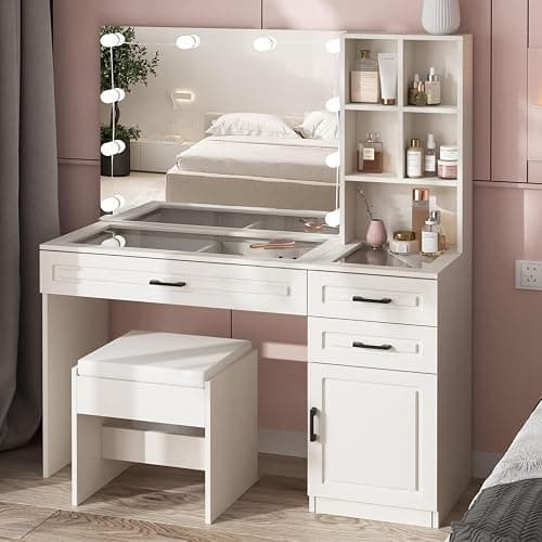Fameill White Vanity Desk with Mirror and Lights,Glass Top Vanity Table with 3 Drawers and Cabinets,Large HD Mirror Makeup Desk,3 Lighting Modes, Brightness Adjustable,45 in(L) - Image 1