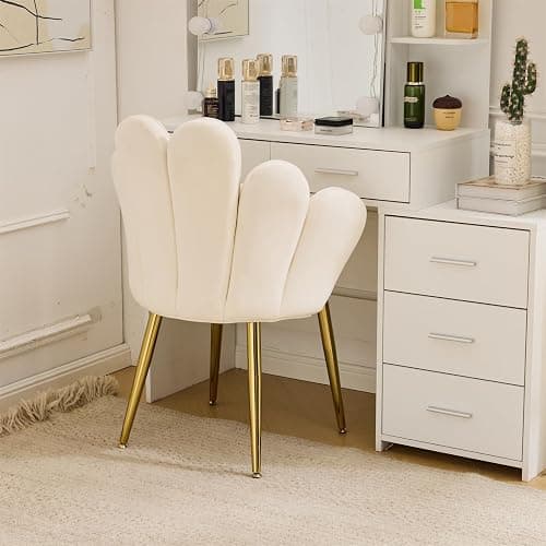 VINGLI Petal Makeup Vanity Chair with Back,Flower Cute Girls Desk Chair Comfy No Wheels,Modern Dining Chair,Small Accent Chair with Adustable Gold Legs&Bow Pillow for Home Office,Bedroom,Velvet,White thumbnail 9