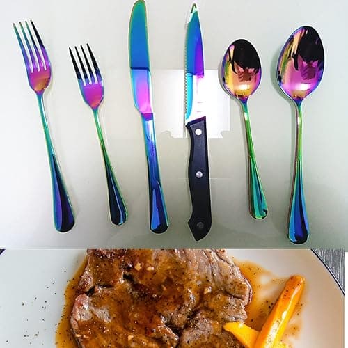 A · HOUSEWARE Rainbow Silverware Set For 4 Cutlery Stainless Steel Flatware 24 Piece Colorful Knives Fork Spoon Dishwasher Safe Eating Utensils For Festival Parties Restaurant thumbnail 3