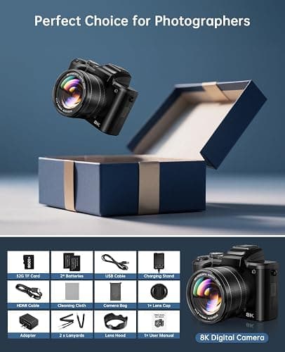 8K Digital Cameras for Photography - Autofocus 88MP WiFi Profession Camera with Dual-Lens - 16X Digital Zoom Photography Camera for YouTube with Lens Hood, Touch Screen, 2 Batteries & Charging Stand thumbnail 8