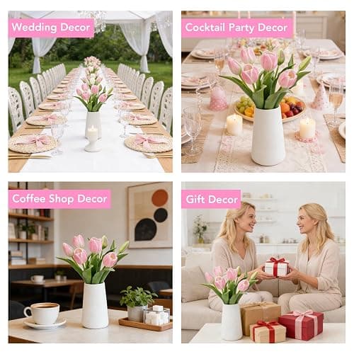 Wenhuidr Light Pink Lifelike Artificial Tulips with Ceramic Vase, Soft-Touch Latex Fake Flowers Arrangement for Wedding Centerpieces, Modern Farmhouse Home & Office Table Party Room Decor thumbnail 6