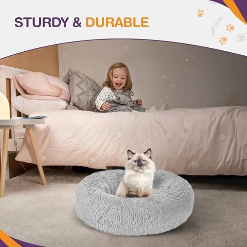 ELYF Plush Donut Cat Bed for Indoor Cats (50cm) - Calming Dog Bed Self-Warming Round Pet Cushion with Anti-Slip, Waterproof Base & Reversible Design, Machine Washable - Grey - Light Grey - 50 x 50 x 17 cm thumbnail 5