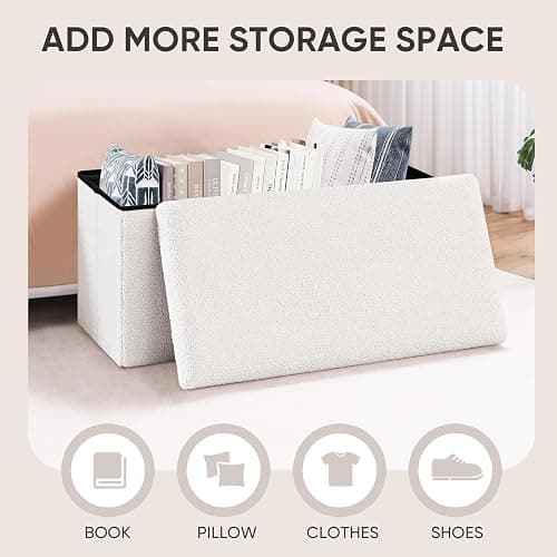 PINPLUS Folding Storage Ottoman Bench, Sherpa Ottoman with Storage, Large Long Shoes Bench Chest with Lid, Footrest for Living Room, Entryway, White 30'' x 15'' x 15'' thumbnail 4
