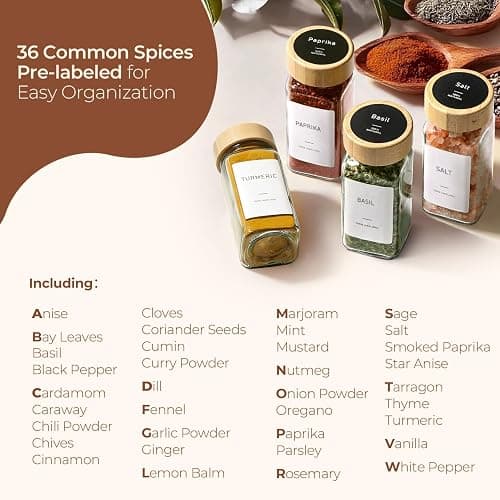 ComSaf Spice Jars with Lids and Labels 24 Pack, 120ml Square Glass Spice Containers with Bamboo Lids, Metal Funnel & Dual-Function Shaker Inserts, Herb & Seasoning Jar for Home Rack, Drawer, Organiser thumbnail 4