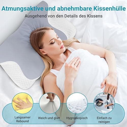 botatio Memory Foam Kissen Ergonomisches Nackenkissen Kopfkissen, Memory Foam Pillow Kopfkissen für Seiten, Orthopädisches Kissen Rücken & Bauchschläfer zur Verbesserung 62x41x13/11 cm, Grau-Weiß thumbnail 4