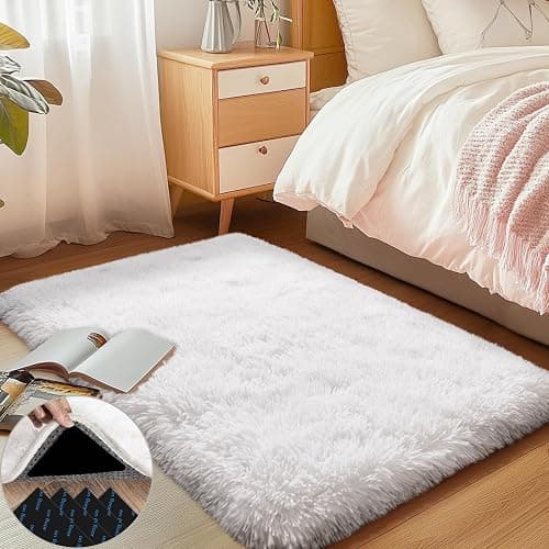 AAFKK 2x3 Area Rug for Bedroom, Small White Rugs for Living Room Nursery Kids Room Dorm Home Decor Aesthetic, Fluffy Shaggy Rug with 4 Anti-Slip Carpet Tapes - Image 1