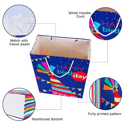 Birthday Gift Bag with Handle and Tissue Paper, 12 Pcs Gift Bags Assorted Sizes and Designs, Large, Medium, Small Size Birthday Gift Bag for Boys, Girls, 13”, 9” ) thumbnail 4
