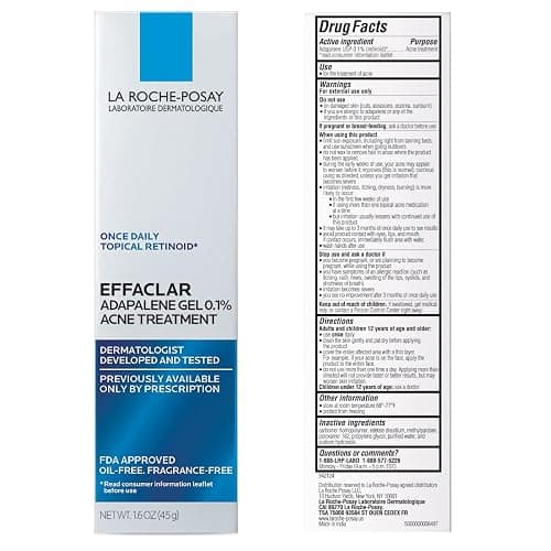 La Roche-Posay Effaclar Adapalene Gel 0.1% Acne Treatment, 1.6oz | Retinoid cream acne medication gel for blackheads and whiteheads. Oil free formula helps clear blemishes and clogged pores. thumbnail 2