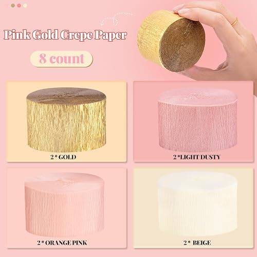 Riqiaqia Streamers Party Decorations,8 Rolls Pink Gold Crepe Paper Streamers for Wedding, Birthday, Bachelorette, Bridal Showerand Baby Shower Girl thumbnail 6