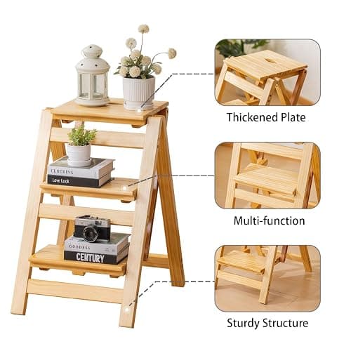 Latifolia Foldable 3 Step Ladder, Wooden Step Stool with Floor Saver, Decorative Ladder Shelf for Living Room, Kitchen, Garden(Nature) thumbnail 3