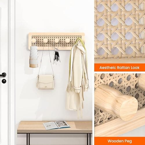 Homode Wooden Wall Hooks, Wall Mounted Coat Rack for Entryway, Boho Wood Pegs for Hanging Coats and Hats, Decorative Coat Hanger Purse Holder for Towel Key Jacket Bag Leash Cap thumbnail 5