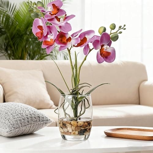 Artificial Purple Orchid in Glass Vase, Lifelike No-Maintenance Decor | Phalaenopsis Arrangement, 14.5 Inch Centerpiece for Home Office Table Decor, Realistic Faux Orchid with Potting thumbnail 2