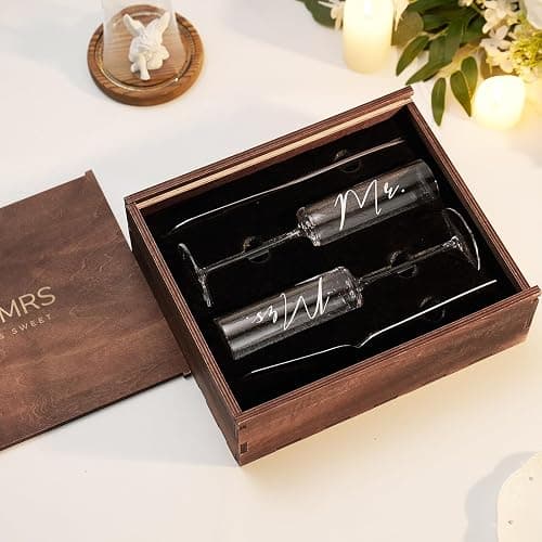 AW BRIDAL Champagne Flutes Set of 2, MR MRS Engraved, Crystal, 6 oz, Cake Cutting Set, Wedding Gift Box, Housewarming Gifts, Engagement Gifts for Couple thumbnail 7