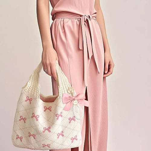 JeVenis Pink Crochet Tote Coquette Bow Aesthetic Hobo Bag for Women Beach Mesh Knitted Shoulder Bag Boho Shoulder Handbag thumbnail 3