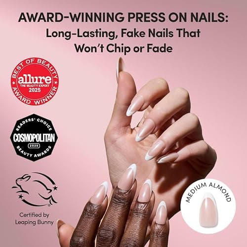 Glamnetic Press On Nails - Medium Almond, Glossy Fake Nails 30 Pc Full Kit | Everyday Pearl press on nails in 15 sizes. French tip glue-on set. Waterproof, chip-resistant, up to 2 weeks wear thumbnail 2