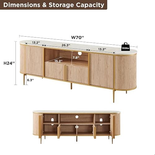 OKD Luxury 70" Fluted TV Stand, Modern Chic Entertainment Center for TVs Up to 80 inches, TV Console with Faux Marble Top, Curved Profile Design, Media Console for Living Room, Natural Oak thumbnail 2