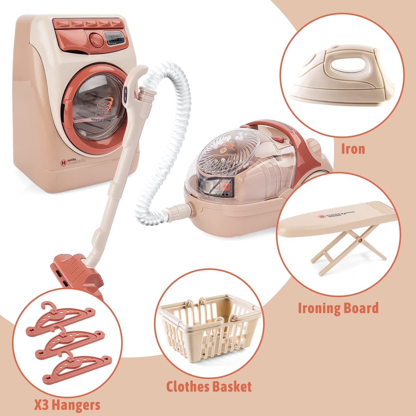 deAO Toy Washing Machine & Vacuum Playset, Mini Washing Machine Laundry Set with Lights & Sounds Effects, Washer and Iron Set for Boys & Girls thumbnail 4