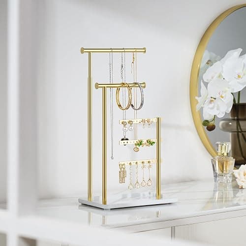 susswiff Jewelry Holder Organizer Stand - Adjustable Tall 17.5" (Max), Gift for Women, Mirrored Gold Jewelry Hanger for Necklaces, Earrings, Bracelets, Rings thumbnail 6