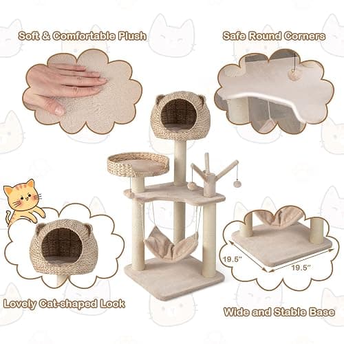 Tangkula Modern Cat Tree Tower, Multi-Level Tall Activity Center with Natural Sisal Scratching Posts, Hammock, Hand-Made Cattail Cute Condo with Funny Toy Balls thumbnail 8