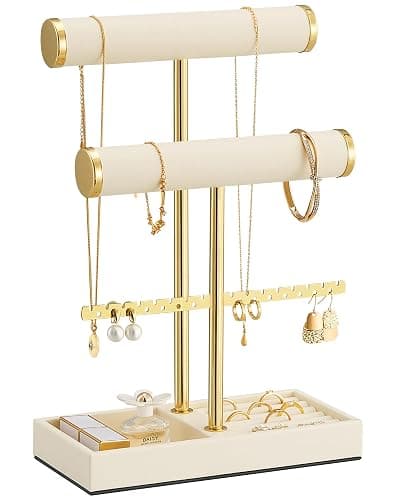 Lolalet 3 Tier Jewelry Stand Holder, Bracelet Necklace Display -Beige | PU Leather Hanging Jewelry Rack with Storage Tray, Ring Watch Bangle Earring Organizer, Gifts Dorm Room Decor for Women Girls - Image 1