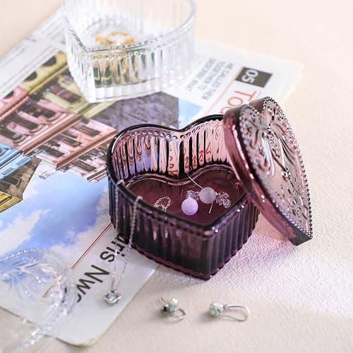Gaolinci Crystal Glass Heart-Shaped Storage Box Embossed Jewelry Box Candy Box with Lid - Purple thumbnail 5