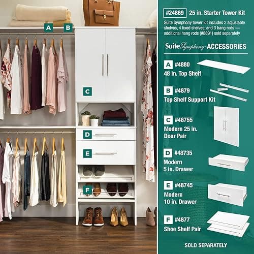 ClosetMaid SuiteSymphony Wood Closet Organizer Starter Kit Tower and 3 Hang Rods, Shelves, Adjustable, Fits Spaces 5 – 10 ft. Wide, Pure White, 25" thumbnail 6