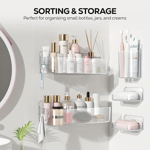 Nieifi Adhesive Shower Shelves, Clear, 5 Pieces | Rustproof ABS, Large Capacity, Removable Design, Easy-Clean, No Drilling Shower Organizer for Bathroom Storage & Home Decor thumbnail 9