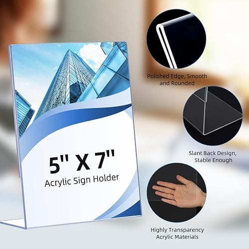 6 Pack Slanted Back Acrylic Sign Holders 5x7 for Business & Store, Tabletop Vertical Sign Holder with Anti-Slip Pads Clear Display Stand, for Menus Flyers Documents Office Restaurants Party Decoration thumbnail 5