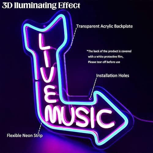Live Music Neon Sign Pink Blue Letter LED Light for Bar Music Room Decor | Dimmable Music Neon Wall Sign, Words Neon Lights for Bedroom, Acrylic LED Sign, USB Powered, Music Studio Party Club Decor thumbnail 5