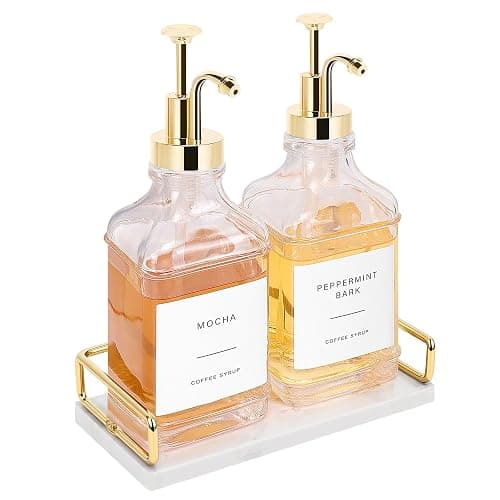 BathAce Coffee Syrup Dispenser for Coffee Bar, Clear Glass Syrup Bottles with Pump, Refillable Maple Syrup Storage, Coffee Station Accessories and Organizer, 500ml, Set of 2 + Tray (Gold) - Image 1