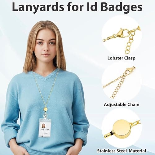 Gold Stainless Steel Lanyards for Id Badges with 2 Holders Retractable Reel | Includes 2 waterproof badge holders, adjustable chain, 13.5" retractable reel, for ID cards, keys, office, school, cruise thumbnail 4