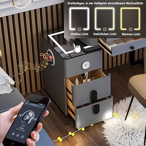MYDD8 Schminktisch mit Beleuchtung, Schminktisch mit Spiegel, 3 Farben, einstellbare Helligkeit, Frisiertisch mit Kabelloses Aufladen Und Bluetooth-Audio, Kosmetiktisch mit 6 Schubladen, Grau. thumbnail 3