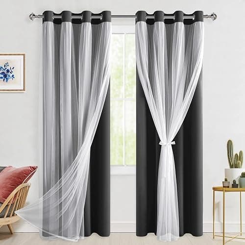 Hiasan Black Blackout Curtains with Sheer 84 Inches Long, Thermal Insulated Mix & Match Double Layer Room Darkening Curtains for Bedroom, Living Room, 2 Window Drape Panels with Tiebacks, 52W X 84L - Image 1